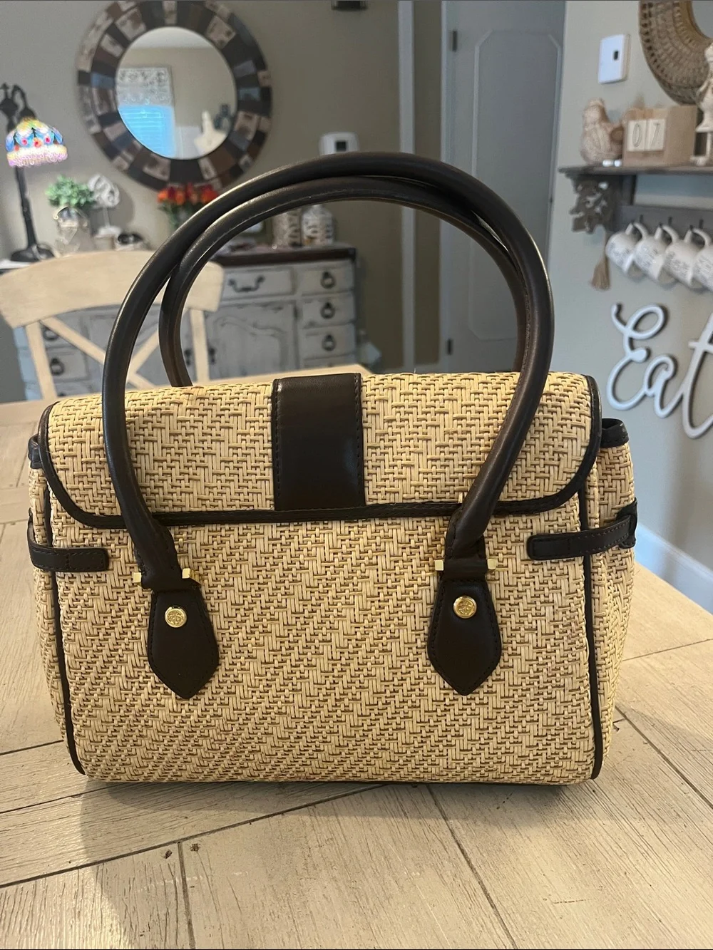 Brooks Brothers Beige Woven Satchel with Dark Brown Trim
